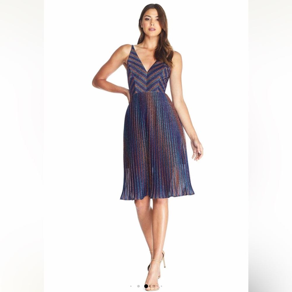 Dress the Population Haley Metallic Cobalt Pleated Chevron Dress Medium